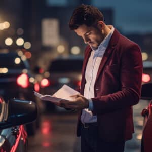 man signing paperwork outside of his car