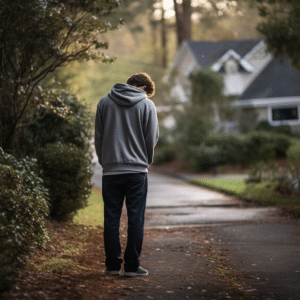 A boy walking outside mourning his loss