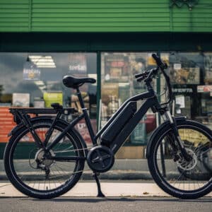 An electronic bike parked outside in front of a supermarket