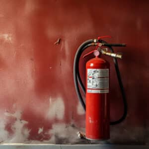 A fire extinguisher mounted to a wall