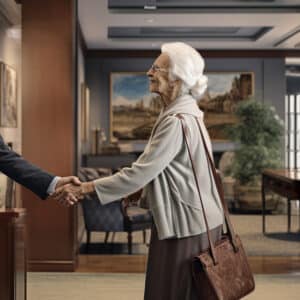 elderly woman being greeted by a car accident lawyer