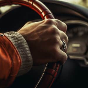 A driver's hand gripping the steering wheel