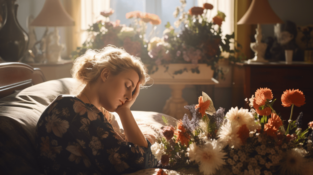 a woman grieving a wrongful death case at home surrounded by flowers