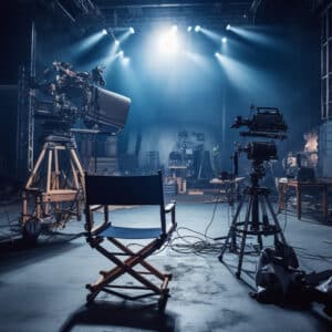 A dimly lit film set