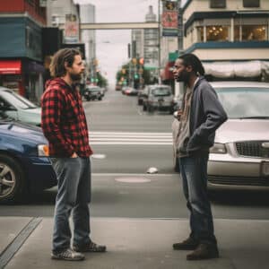 two men arguing on the street determine who's at fault in a car accident 