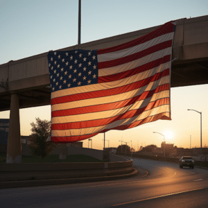 An American flag hanging down from a highway overpass