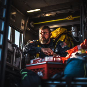 A paramedic sitting in the back of an ambulance ready to tend to the scene of an accident 