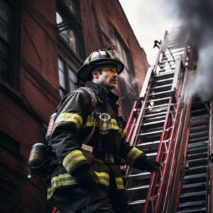 A firefighter climbing up the ladder on a fire truck