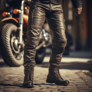 A motorcycle rider wearing the approbate protective gear - long pants and boots.