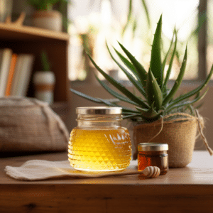 Natural home remedies for mild burns. A jar of honey sitting on a table next to an aloe vera plant.