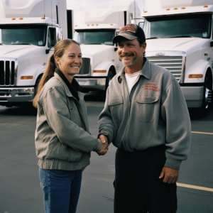 Two truck drivers shaking hands in a parking lot
