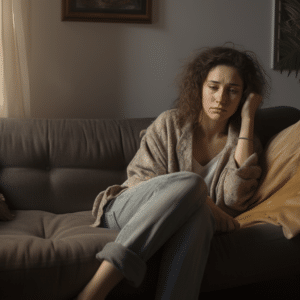 Woman sad sitting on couch