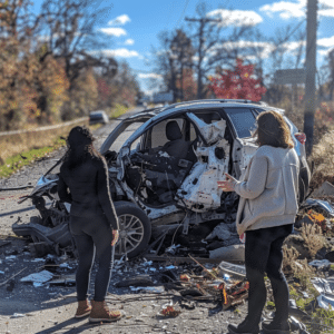 Two women talking in front of crash