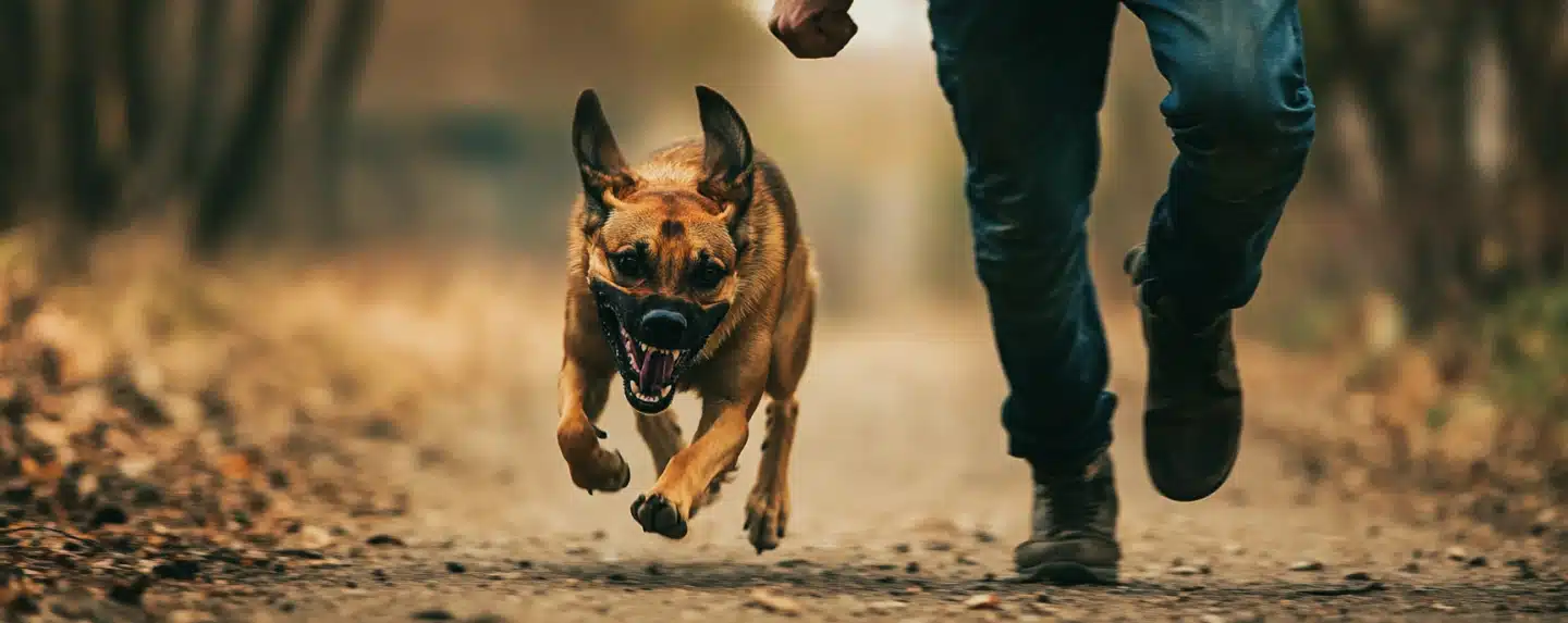 An aggressive dog running after a man