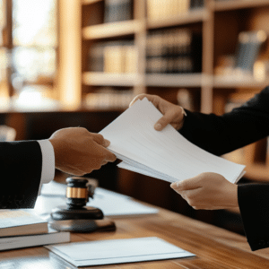 Lawyer handling out settlement paperwork for a slip-and-fall knee injury