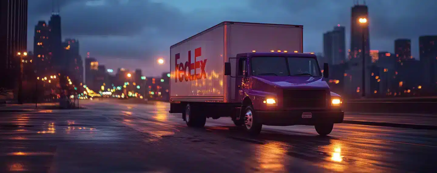 A Fed-Ex truck on a road