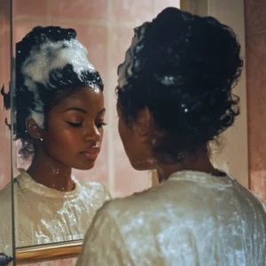 An african american woman in front of a mirror