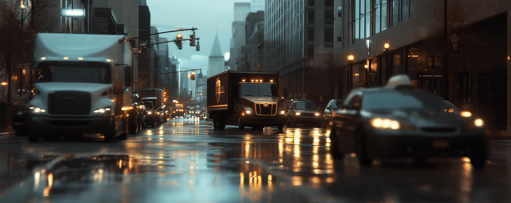 UPS delivery truck in city traffic