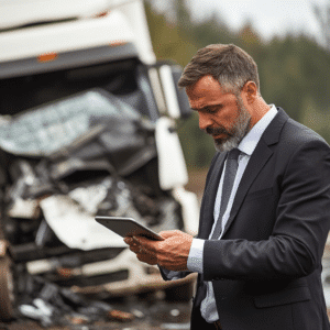 Insurance company executive taking notes on his iPad at the accident site 