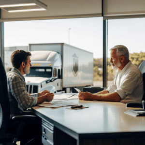 insurance executive explaining details of the commercial vehicle insurance policy to the manager