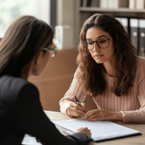 lawyer helping a TBI patient in filing her disability claims process