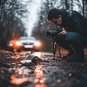 a man documenting the accident scene and gathering evidence