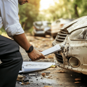 An insurance adjuster examining a car for accident claims