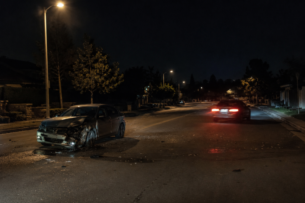 Nighttime traffic scene showing vehicles traveling on a suburban roadway