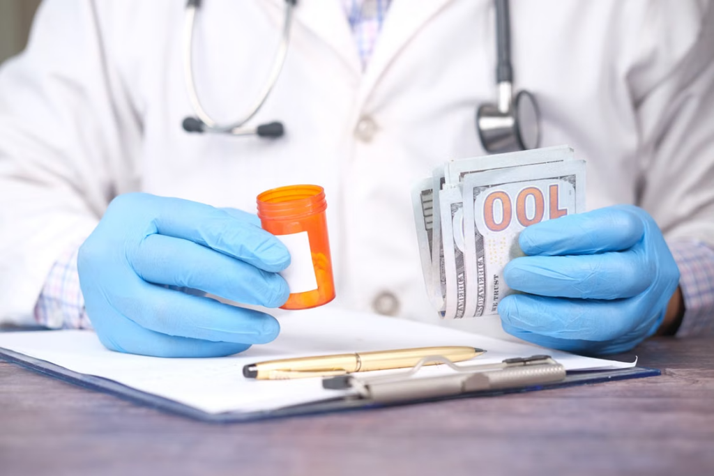 A doctor holding cash and a medication bottle, illustrating the financial burden of medical expenses.